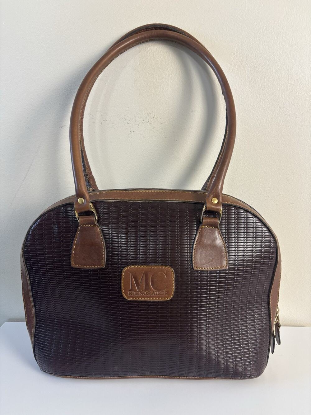 Vtg MC Buenos Aires Woven Brown Argentina Leather Satchel Bowling Bag Embossed